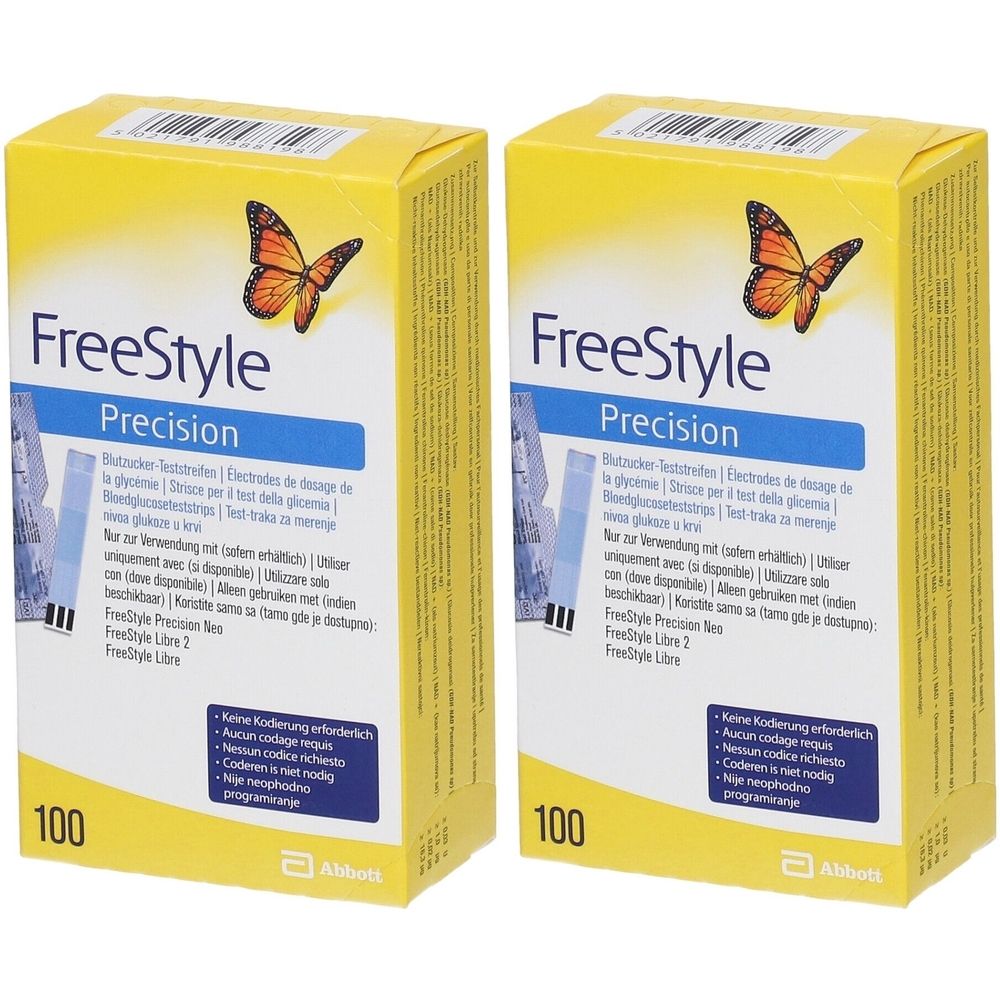Zwei gelbe Kartons mit "FreeStyle Precision" Aufdruck. Oben Schmetterling, unten "100". Abbott Logo.