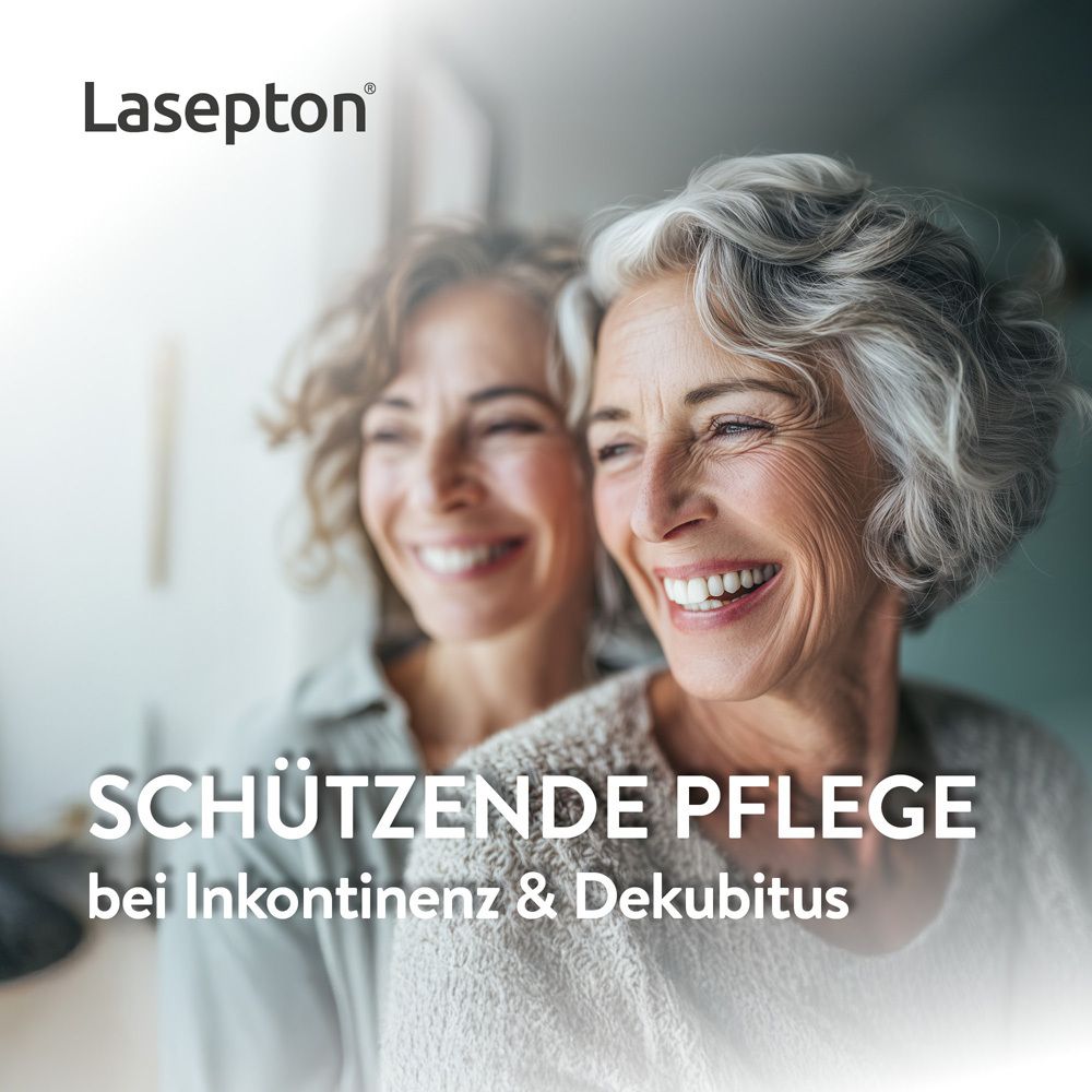 Zwei lächelnde Frauen, Lasepton Schutz für Inkontinenz & Dekubitus.