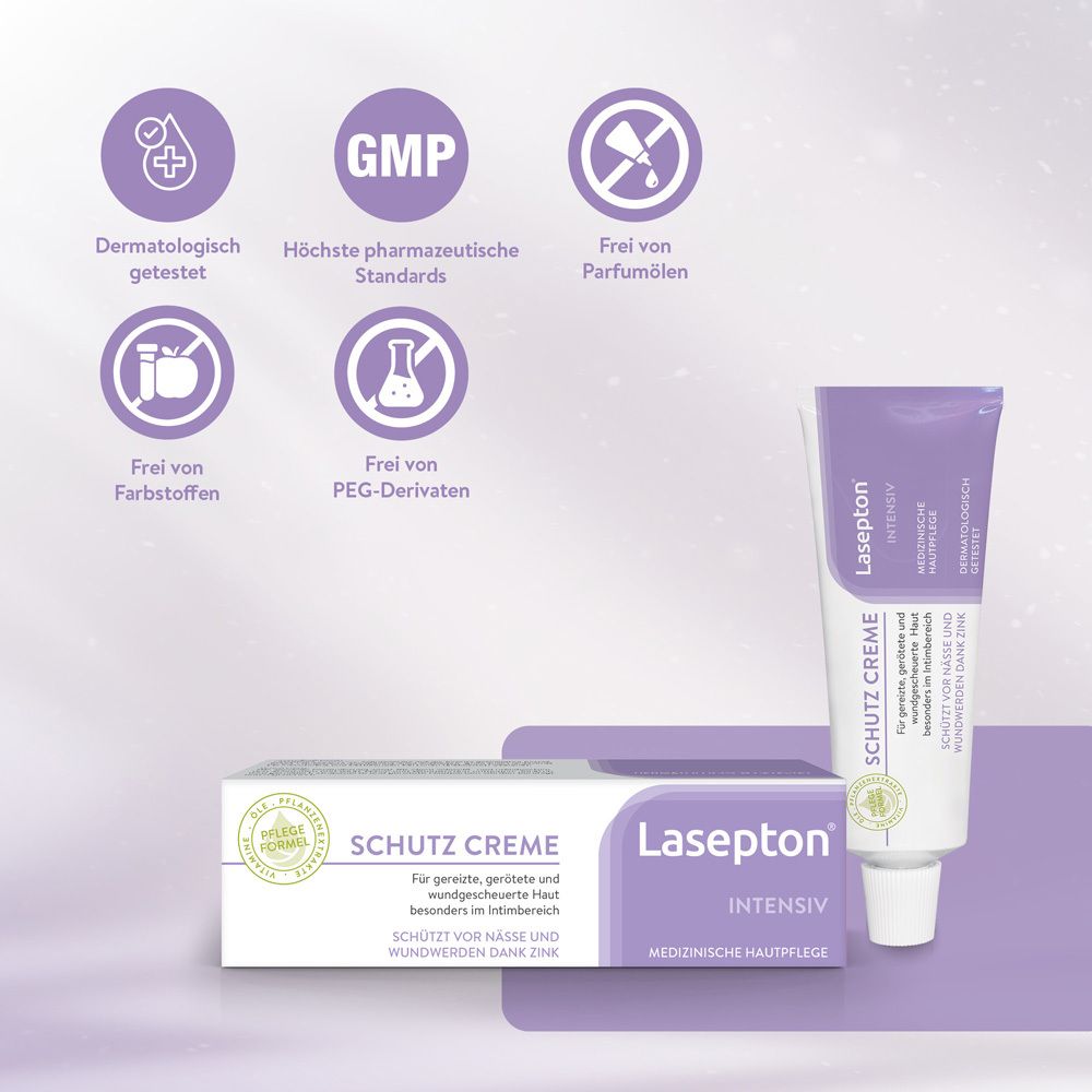 Lasepton Intensiv Schutz Creme: Dermatologisch getestet, GMP, frei von Duftstoffen.