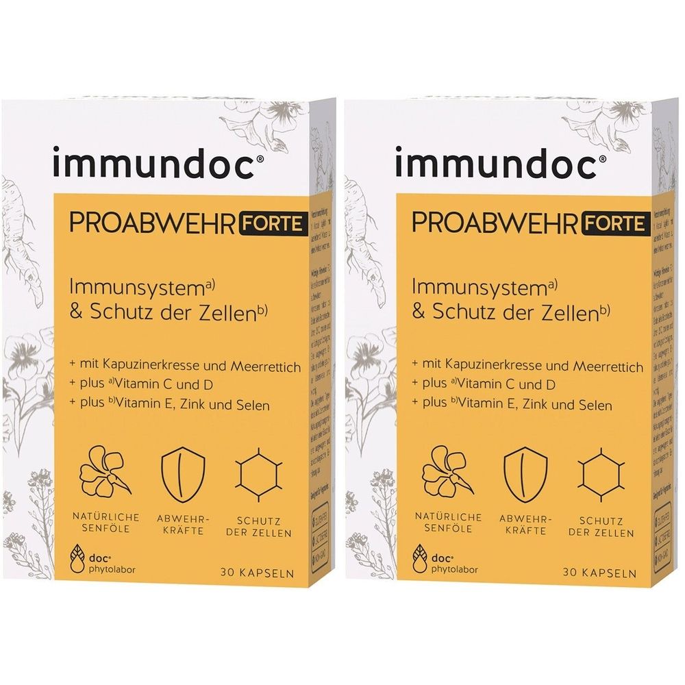 Zwei Schachteln mit Produktnamen und Zusatzinformationen. Aufschrift: PROABWEHR FORTE. Enthält 30 Kapseln.
