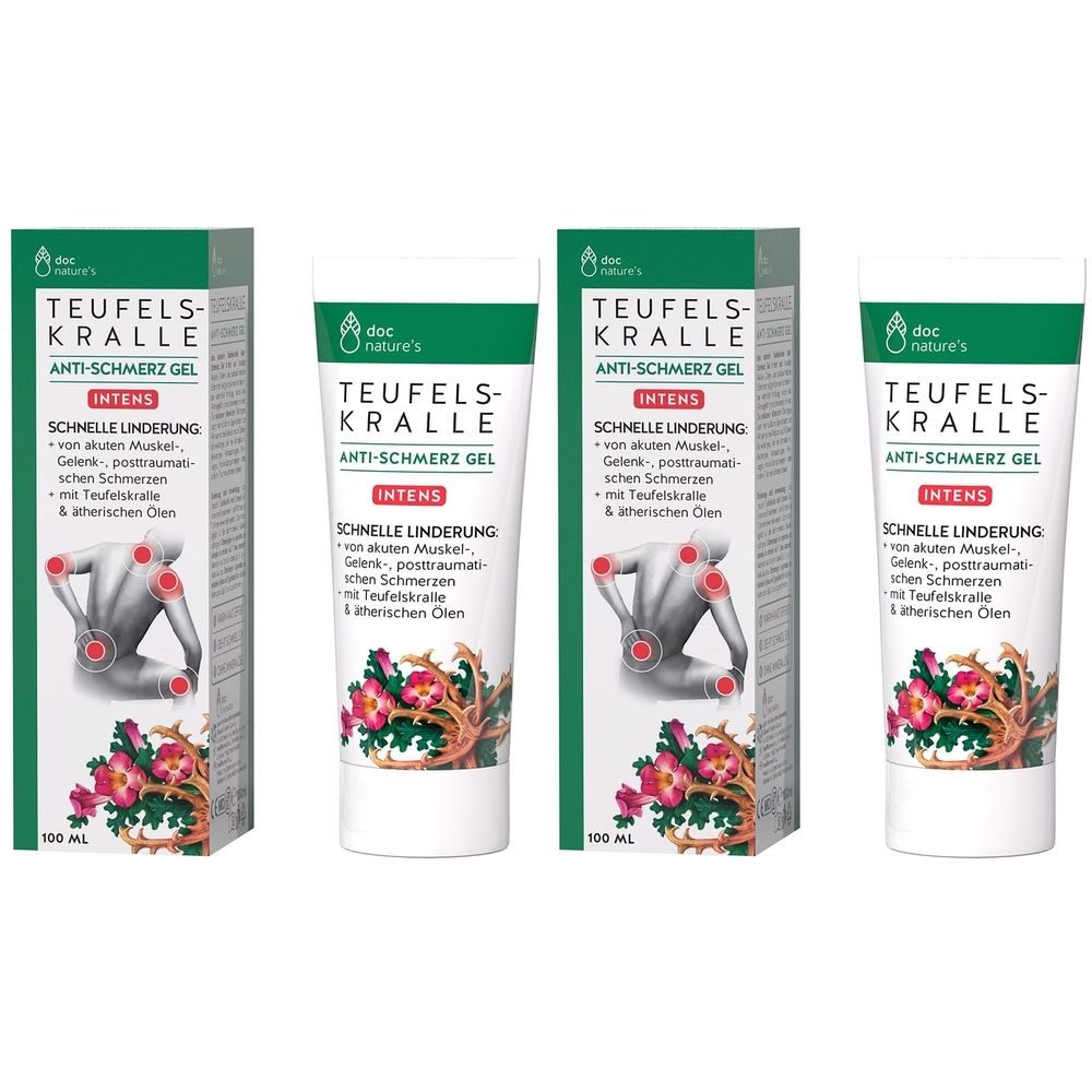 Mehrere Tuben und Verpackungen von doc nature's TEUFELSKRALLE INTENS GEL. Grün-weiße Verpackung mit Produktnamen und Abbildung.