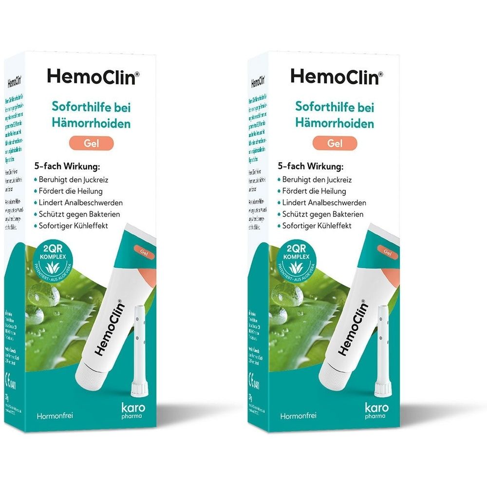 Zwei Packungen HemoClin. Aufschrift: Soforthilfe bei Hämorrhoiden, Gel. Enthält eine Tube mit Applikator. 2QR Komplex.