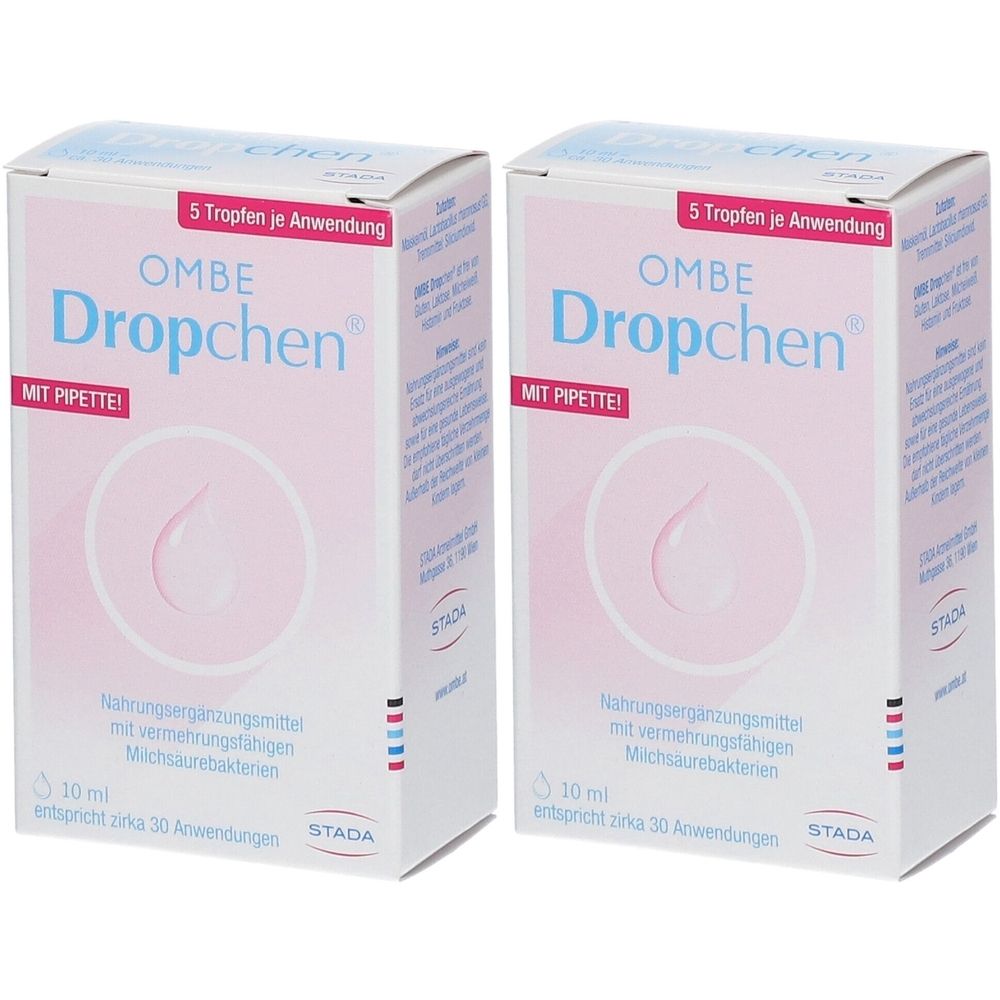 Zwei Kartons OMBE Dropchen. Rosa-weiße Verpackung mit Produktnamen und Tropfensymbol. Text: "MIT PIPETTE!".