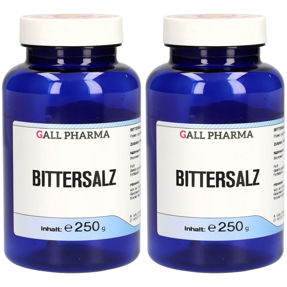 Zwei blaue Flaschen mit weißem Deckel. Auf dem Etikett steht "GALL PHARMA Bittersalz" und "Inhalt: e 250 g".