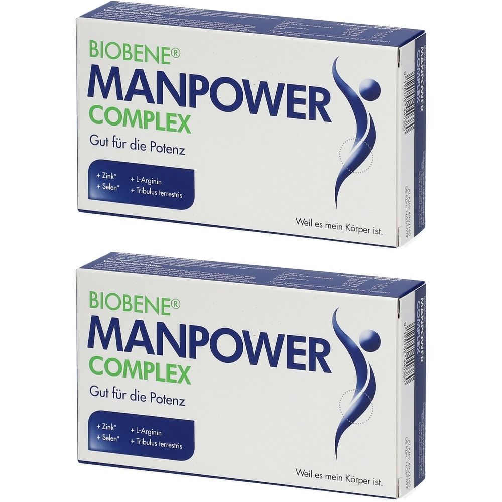 Zwei Schachteln BIOBENE® MANPOWER COMPLEX. Weiße Verpackung mit blauer Schrift und einem stilisierten menschlichen Körper.