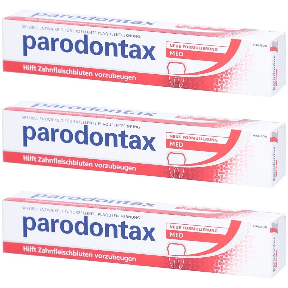 Drei Tuben Parodontax MED Zahncreme. Weiße Tuben mit roter und blauer Schrift. Aufschrift: Hilft Zahnfleischbluten vorzubeugen.