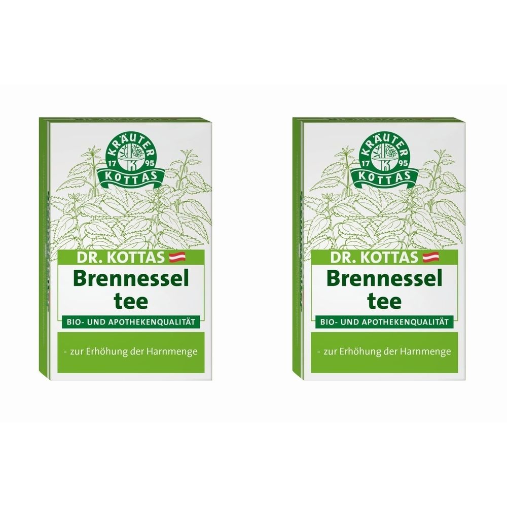 Zwei rechteckige Kartons mit grünem Rand. Aufschrift: DR. KOTTAS Brennesseltee. Logo mit Blättern. Text: BIO- UND APOTHEKENQUALITÄT.