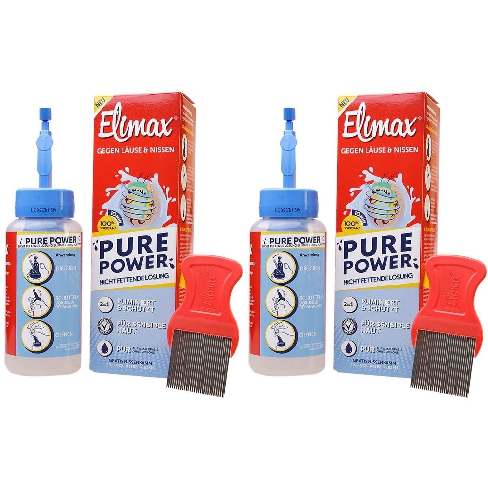 Mehrere Flaschen und Verpackungen von Elimax Pure Power. Enthalten sind auch rote Läusekämme. Auf den Flaschen und Verpackungen steht "PURE POWER".