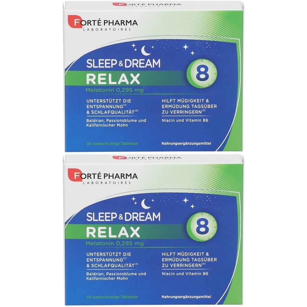 Zwei Schachteln Forte Pharma Sleep & Dream Relax. Blaue und weiße Verpackung mit Produktnamen und Inhaltsstoffen. Enthält Melatonin.