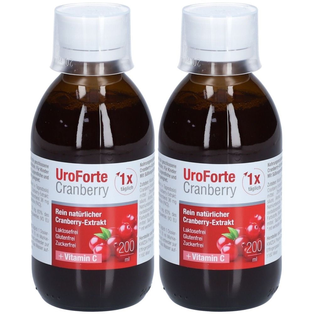 Zwei Flaschen mit brauner Flüssigkeit. Auf dem Etikett steht "UroForte Cranberry". Es gibt auch Informationen über Cranberry-Extrakt, Vitamin C und die Aufschrift "200 ml".