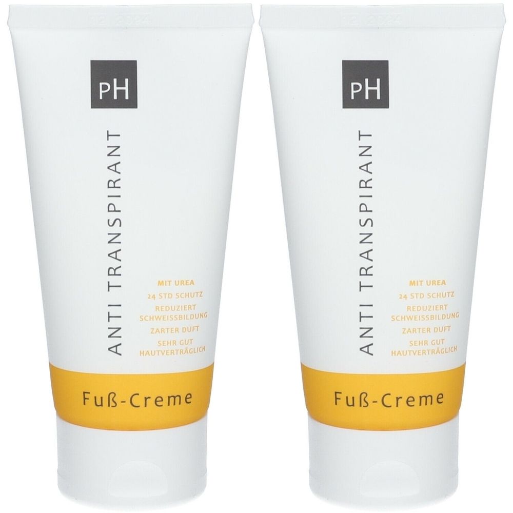Zwei weiße Tuben pH Anti-Transpirant Fußcreme. Schwarze Schrift: Anti Transpirant, Fuß-Creme. Gelber Streifen. Quadratisches Logo: PH.