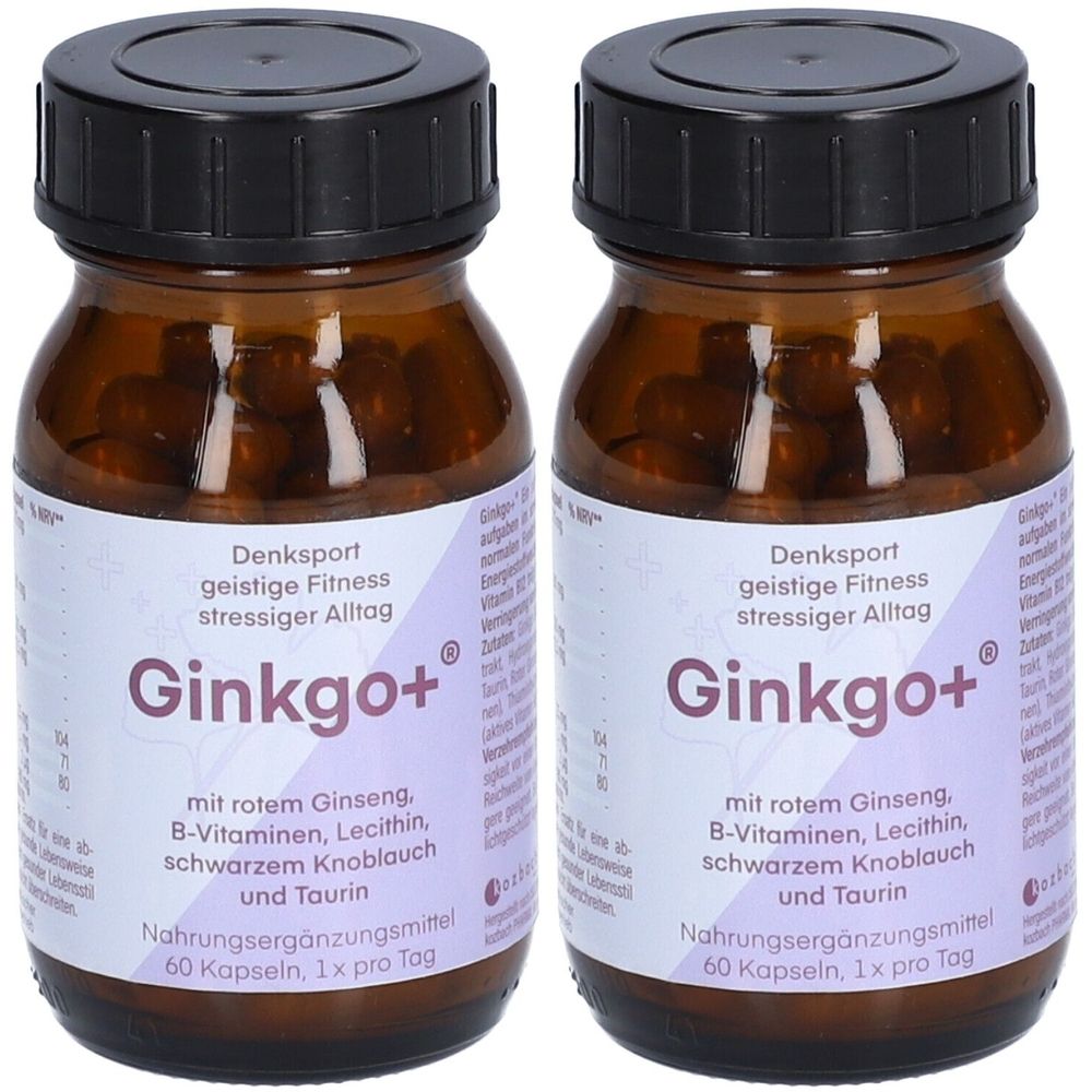 Zwei braune Glasflaschen mit schwarzen Deckeln. Auf den Etiketten steht "Ginkgo+" und weitere Inhaltsstoffe. Nahrungsergänzungsmittel.