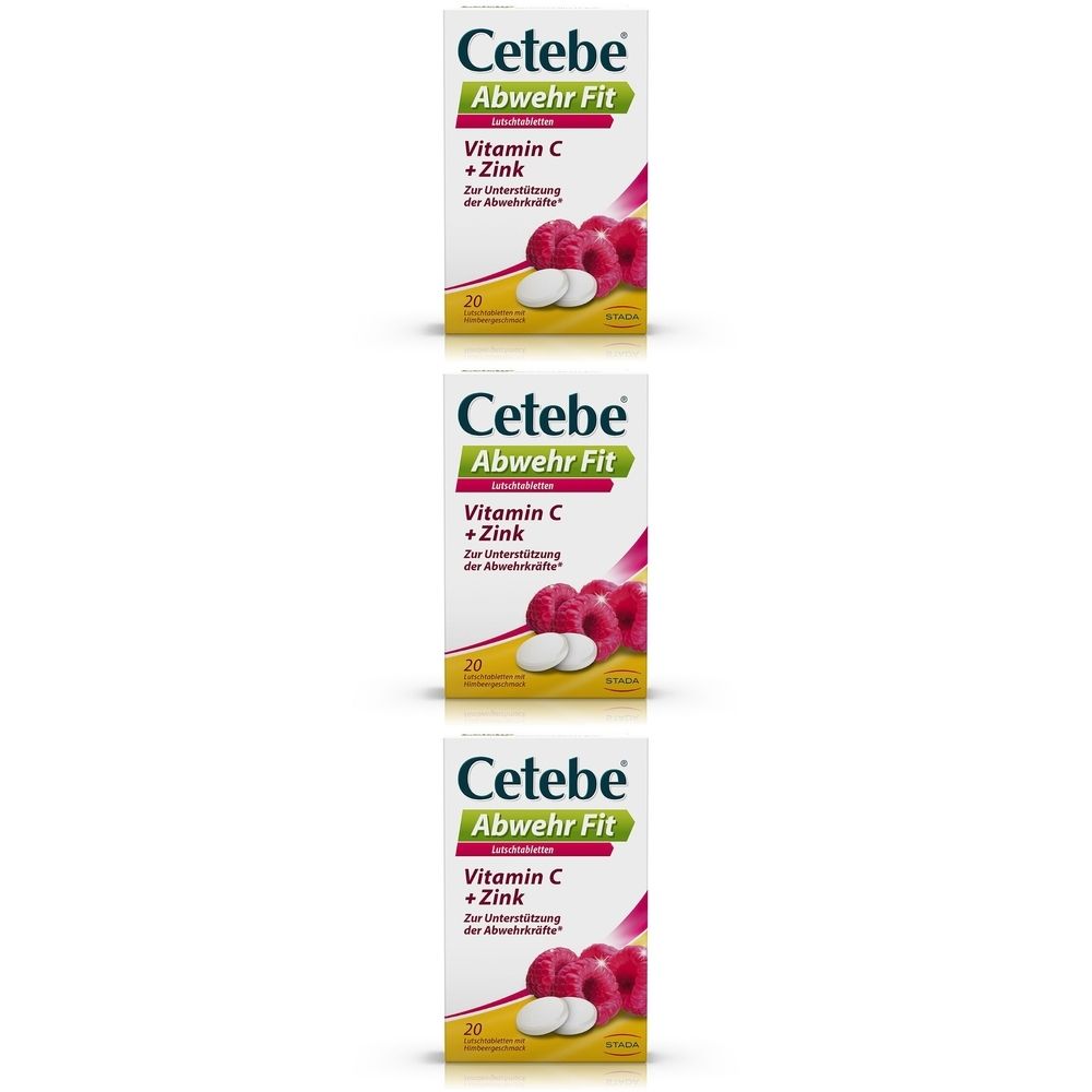 Drei Packungen Cetebe Abwehr Fit Lutschtabletten. Jede Packung zeigt Vitamin C und Zink, sowie 20 Tabletten.