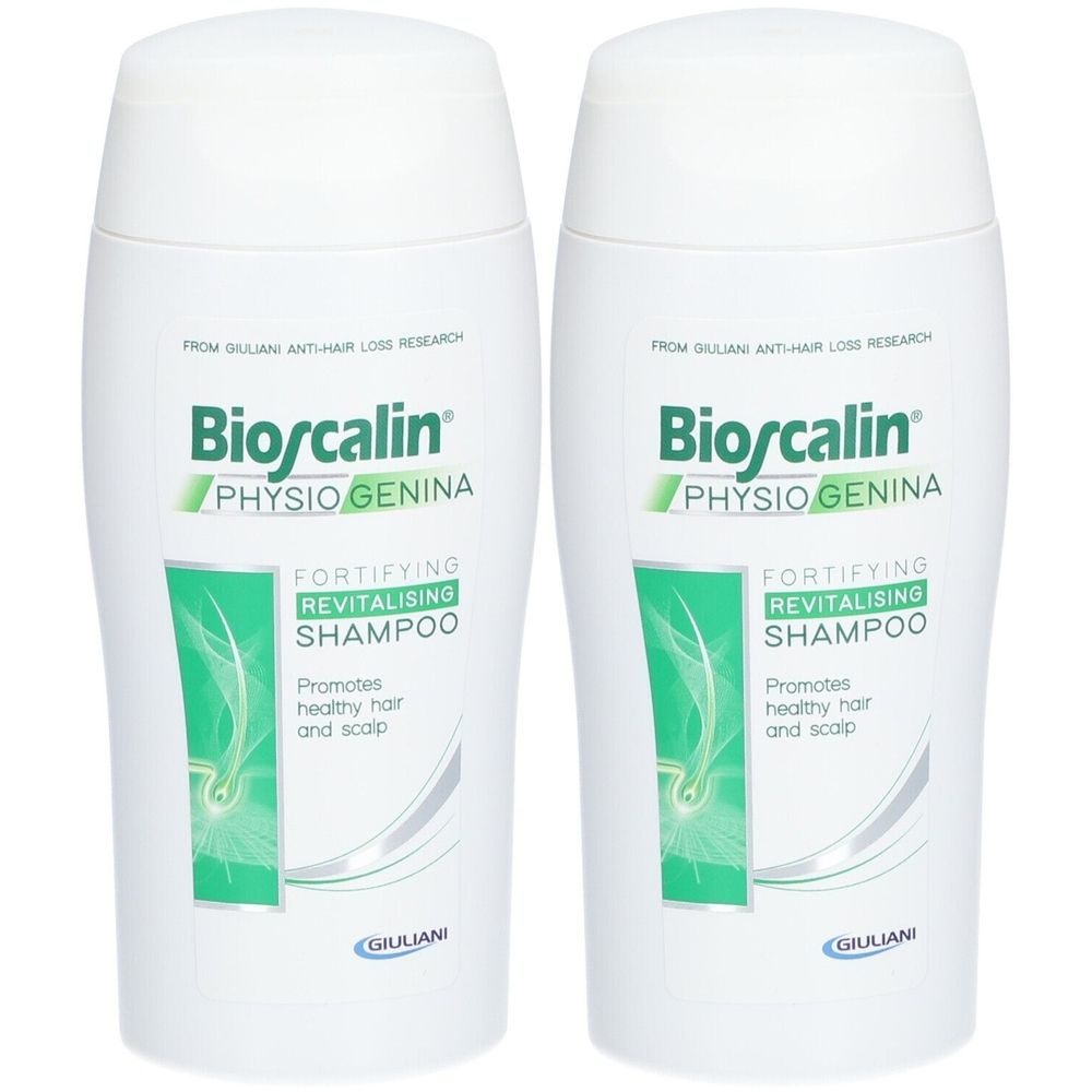 Zwei weiße Shampoo-Flaschen mit grünen und blauen Etiketten. Aufschrift: Bioscalin Physio Genina, Revitalisierendes Shampoo.
