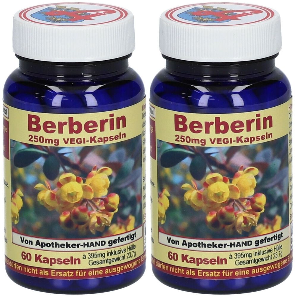 Zwei blaue Flaschen mit weißen Deckeln. Aufschrift: Berberin 250mg VEGI-Kapseln. 60 Kapseln. Von Apotheker-HAND gefertigt.