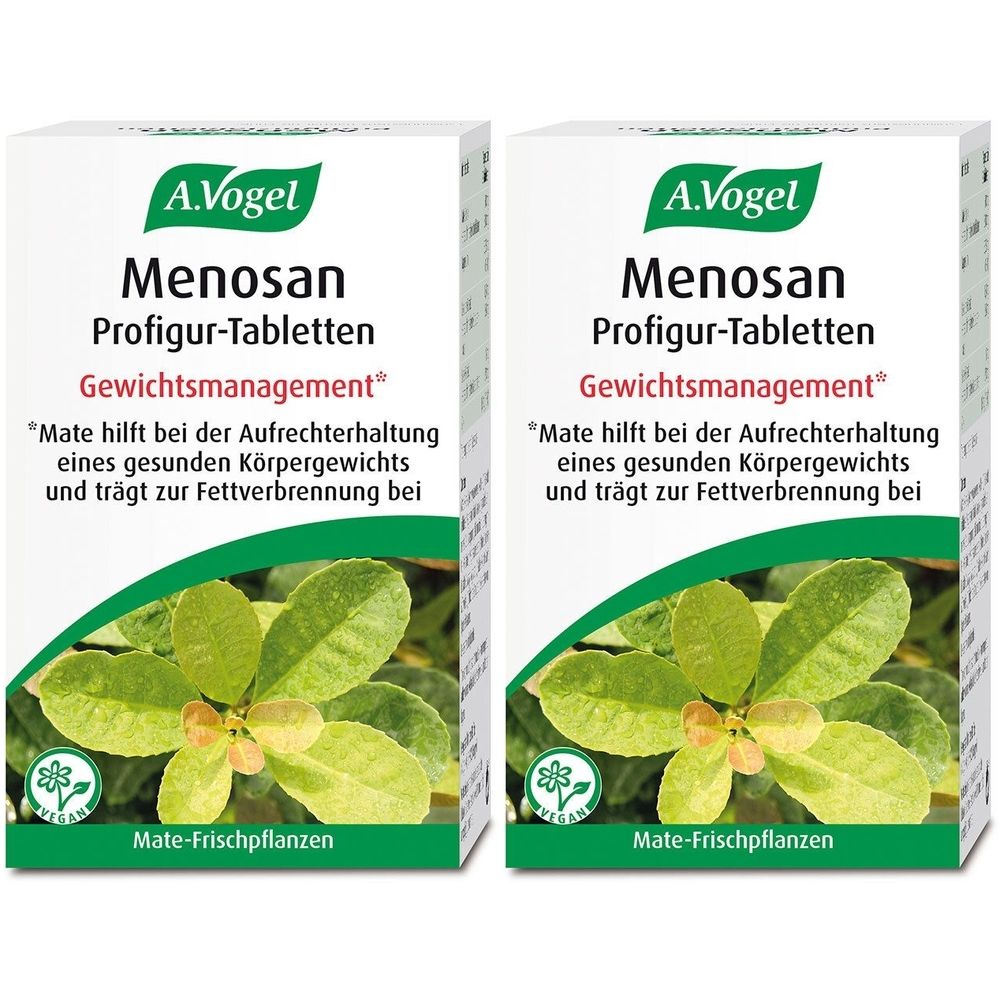 Zwei Schachteln A.Vogel Menosan Profigur-Tabletten. Aufdruck: Gewichtsmanagement. Mit Mate-Frischpflanzen. Vegan-Siegel.