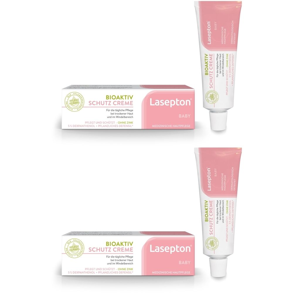 Zwei Tuben und zwei Schachteln. Aufschrift: BIOAKTIV SCHUTZ CREME, Lasepton BABY. Rosa und weiße Verpackung.