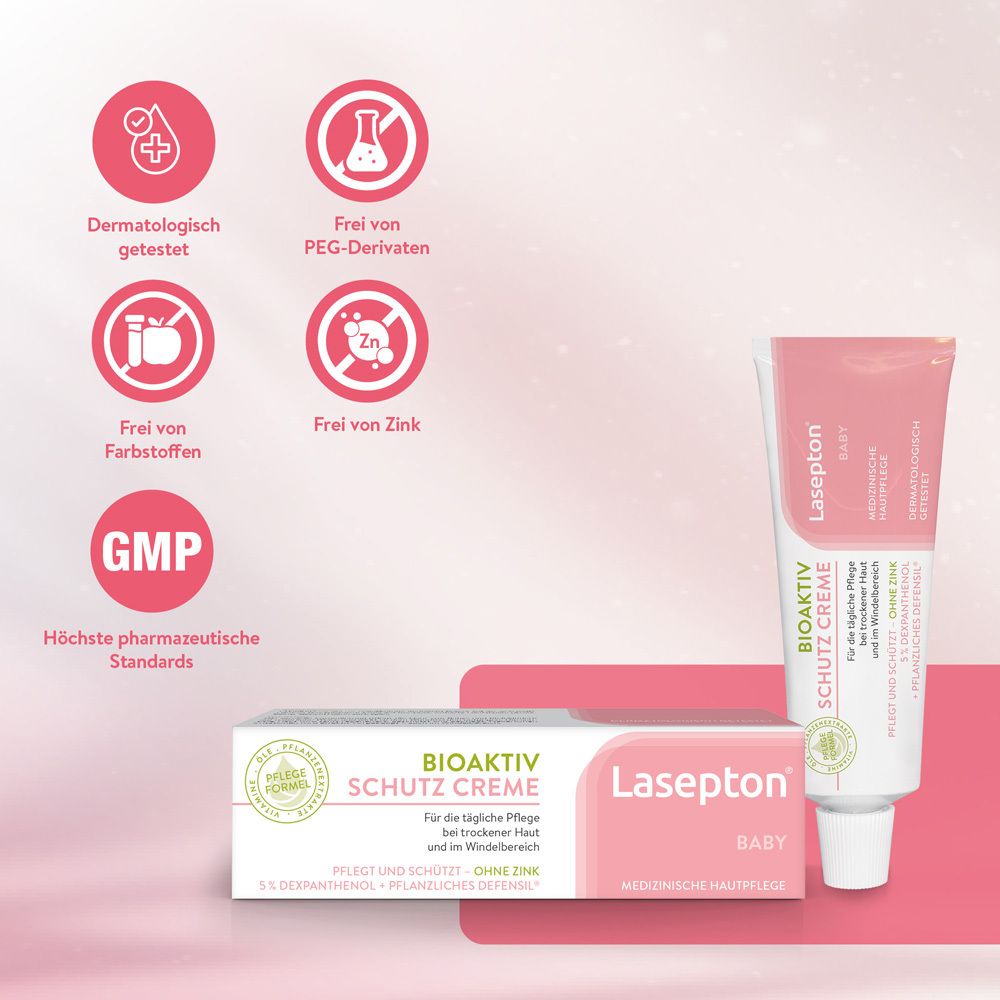 Lasepton Baby Schutz Creme Tube und Faltschachtel. Links Icons für dermatologisch getestet, frei von PEG, Farbstoffen und Zink. GMP-Siegel.
