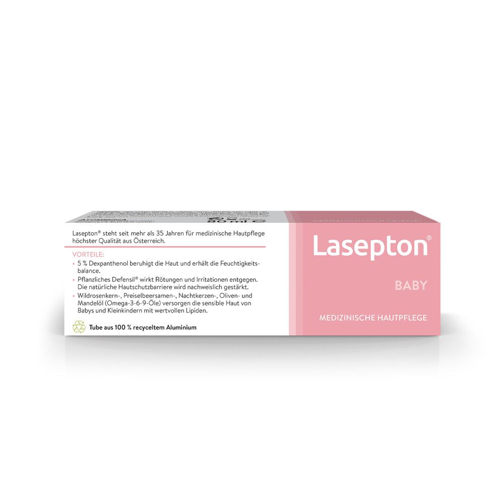 Faltschachtel der Lasepton Baby Bioaktiv Schutz Creme mit Produktvorteilen und Materialangaben.