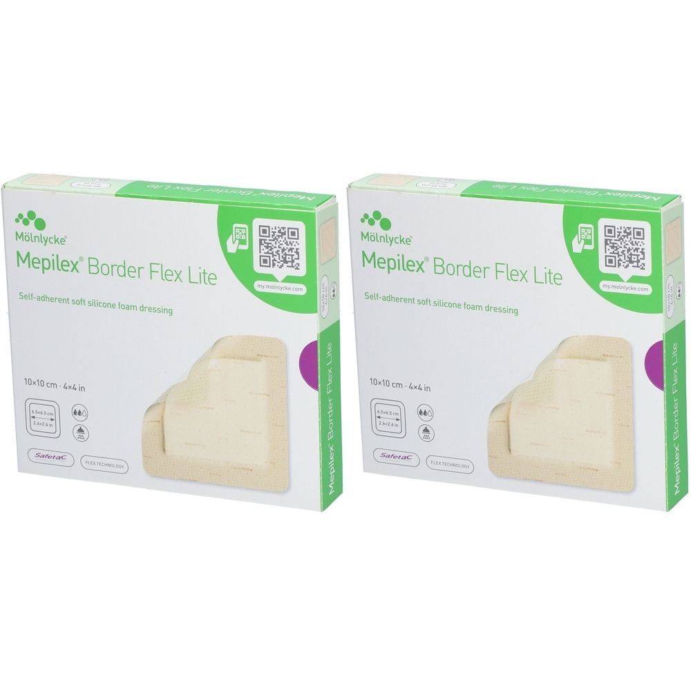 Zwei Kartons Mepilex® Border Flex Lite. Aufdruck: 10x10 cm, selbsthaftender weicher Silikonschaumverband. Grün-weiße Verpackung.
