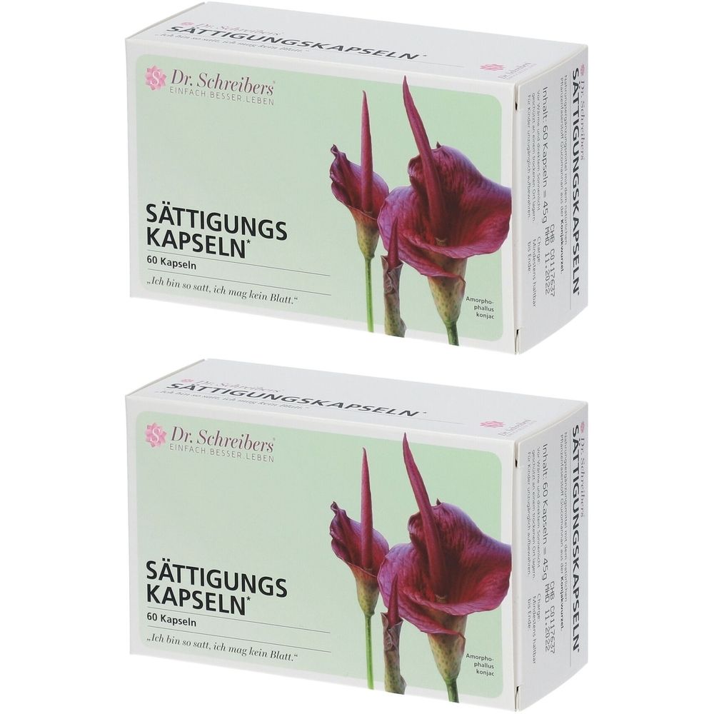Zwei Kartons Dr. Schreibers Sättigungskapseln. Weiße Verpackung mit Produktnamen, Logo und floralem Motiv. 60 Kapseln.