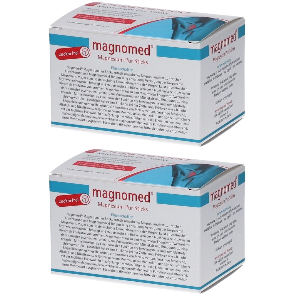 Zwei Kartons magnomed Magnesium Pur Sticks. Weiß-blaue Verpackung mit Produktnamen und Text. Aufschrift "zuckerfrei".