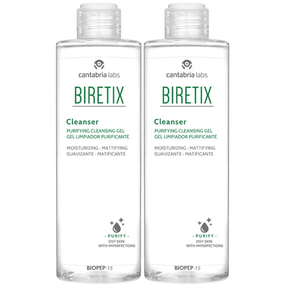 Zwei transparente Flaschen mit BIRETIX Cleanser-Etiketten. Aufschrift: Purifying Cleansing Gel. Mit Schraubverschluss.