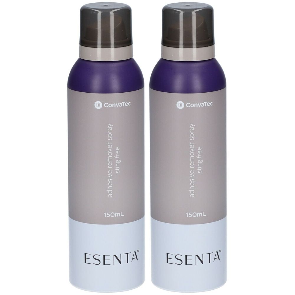 Zwei Sprühflaschen ESENTA, mit grauen Etiketten und lila Deckeln. Aufschrift: ConvaTec, adhesive remover spray, sting free, 150ml.