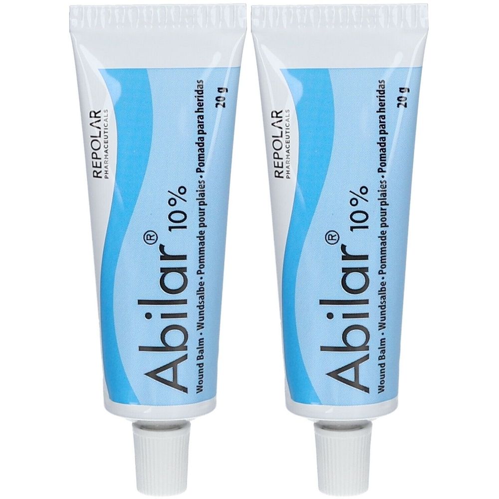 Zwei Tuben Abilar 10% Wundsalbe. Weiße Tuben mit blauem Streifen und Produktbezeichnung. 20g Inhalt.