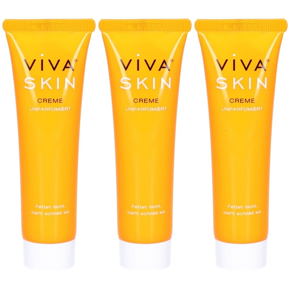 Drei Tuben ViVA SKIN Creme unparfümiert. Gelbe Tuben mit weißem Verschluss. Aufschrift: ViVA SKIN, Creme, unparfümiert.