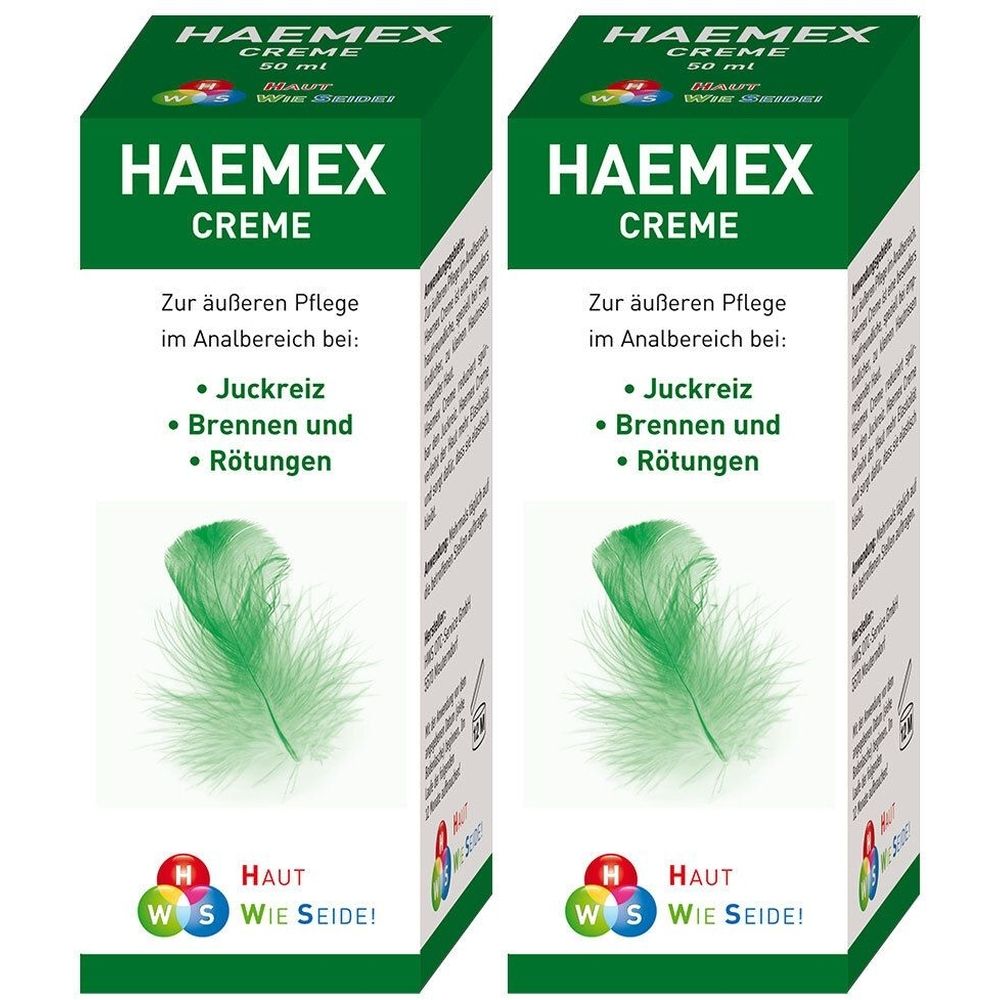 Zwei grüne Schachteln mit HAEMEX CREME-Logo. Text: Zur äußeren Pflege im Analbereich bei: Juckreiz, Brennen und Rötungen. Logo: Haut wie Seide.