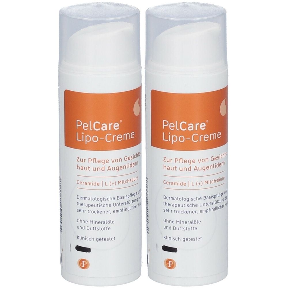 Zwei weiße Cremes mit orangefarbenen Etiketten. Aufschrift: PelCare Lipo-Creme. Text: Zur Pflege von Gesichtshaut und Augenlidern. Klinisch getestet.