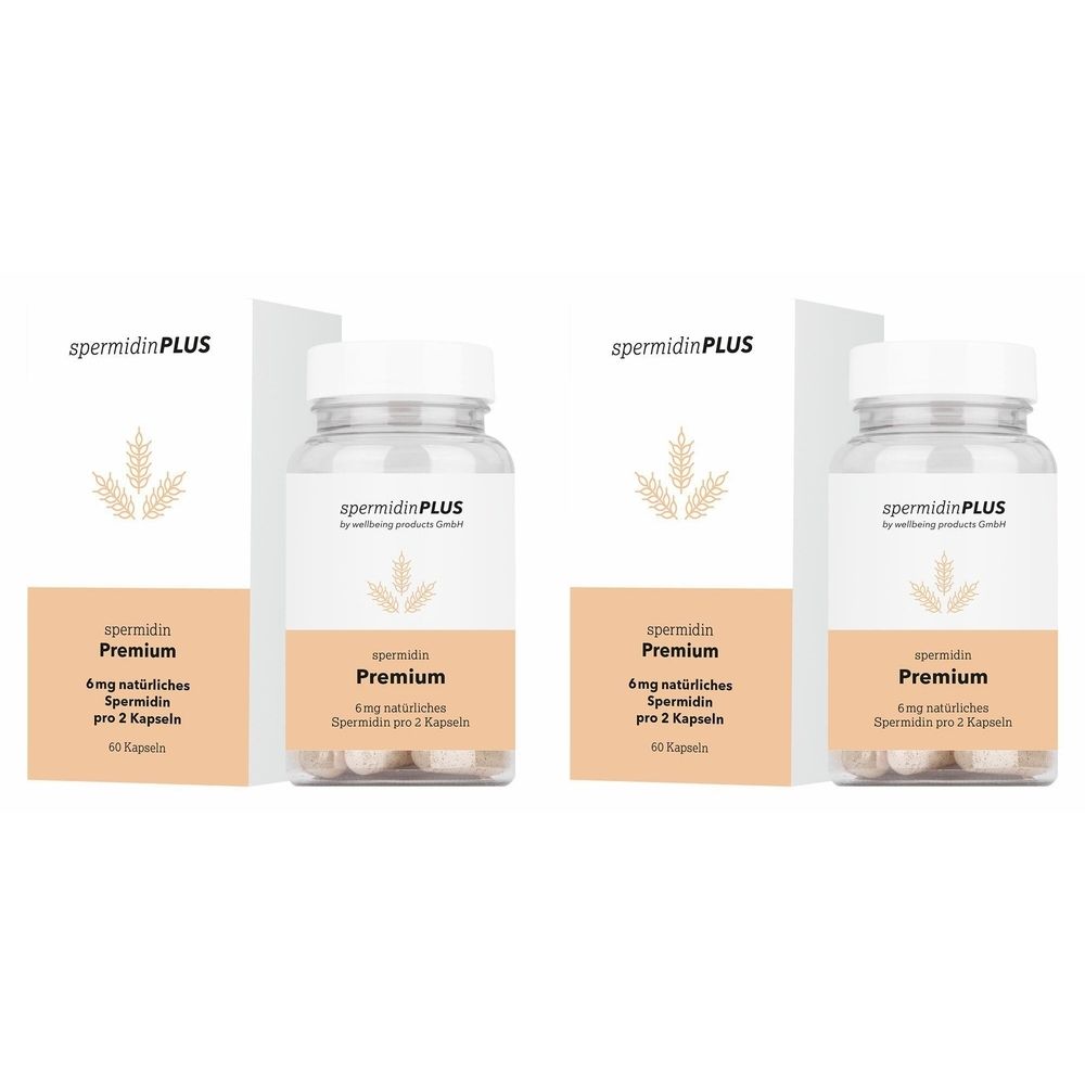 Zwei Flaschen und zwei Kartons. Auf den Flaschen und Kartons steht "spermidinPLUS Premium". Die Flaschen enthalten Kapseln.