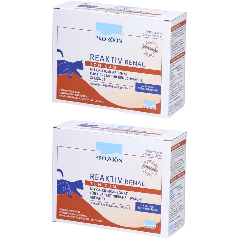 Zwei Kartons Pro Zoon Reaktiv Renal Tonicum. Aufdruck: Für Tiere mit Nierenschwäche geeignet. Mit Calciumcarbonat. Blaue Katze-Silhouette.