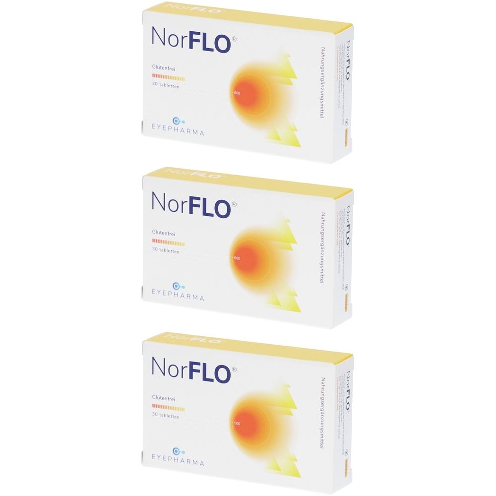 Drei Schachteln NORFLO®. Weiße Verpackung mit gelb-orangem Design. Aufschrift NORFLO®, glutenfrei, 30 Tabletten. Herstellerlogo.