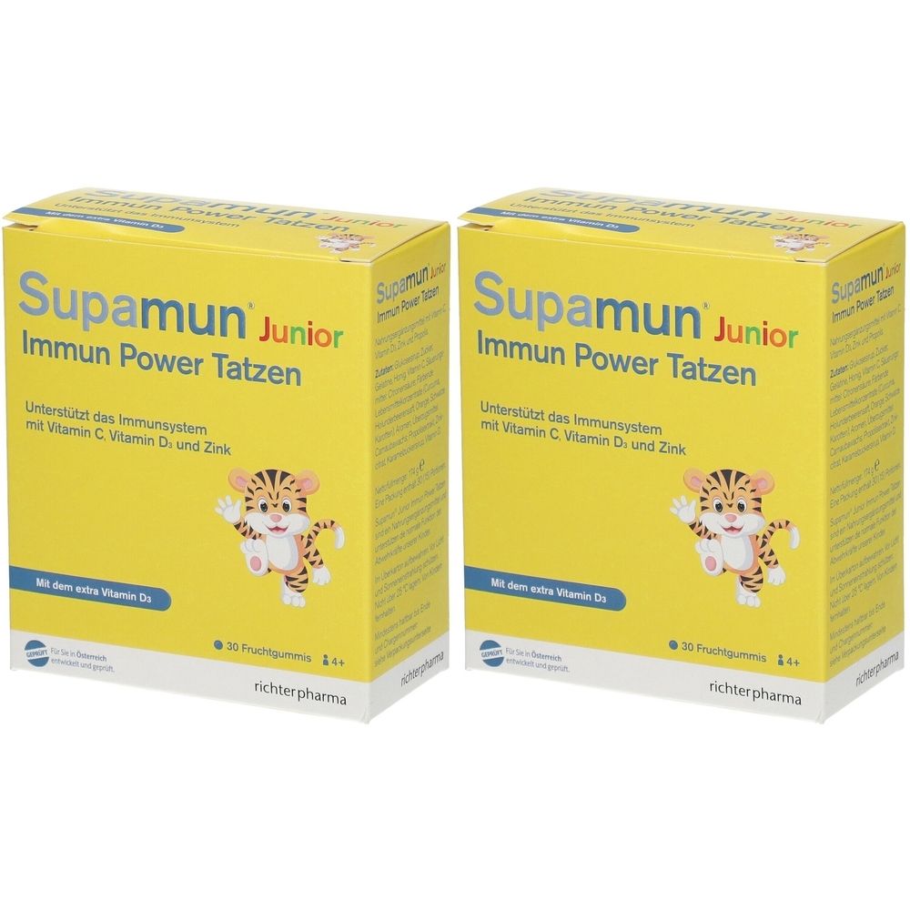 Zwei gelbe Kartons mit Aufschrift Supamun Junior Immun Power Tatzen. Enthält Vitamin C, D und Zink. Mit einem Tiger-Cartoon.