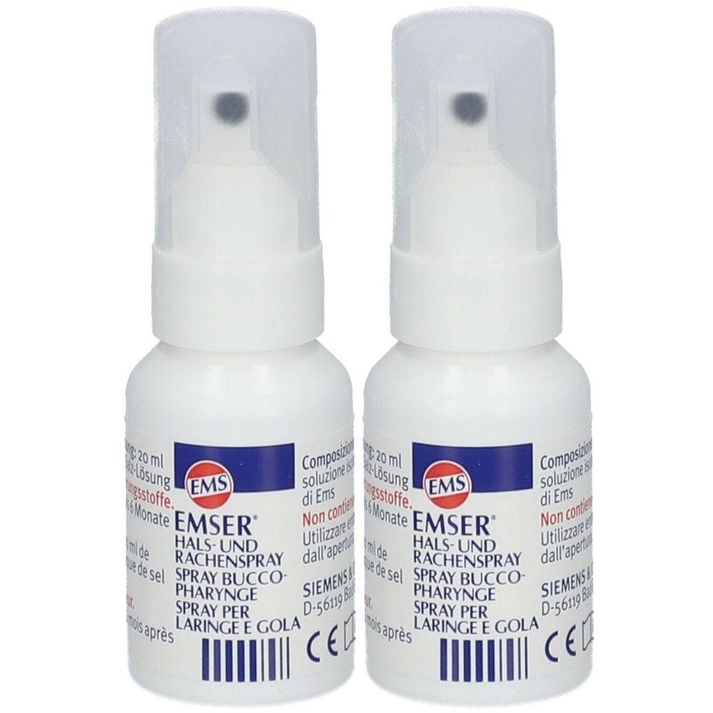 Zwei weiße Sprühflaschen mit transparenten Kappen. Aufschrift: EMSER Hals- und Rachenspray. CE-Zeichen.