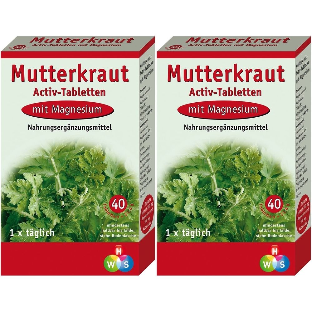 Zwei Schachteln mit "Mutterkraut Activ-Tabletten mit Magnesium". Rote und weiße Verpackung mit grünen Blättern. Text: Nahrungsergänzungsmittel.
