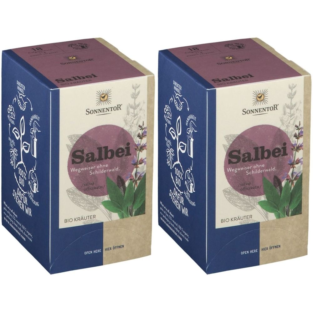 Zwei Kartons Sonnentor Salbei Tee bio. Aufschrift "Salbei" und "BIO KRÄUTER". Verpackung mit lila Kreis und Kräuterabbildung.