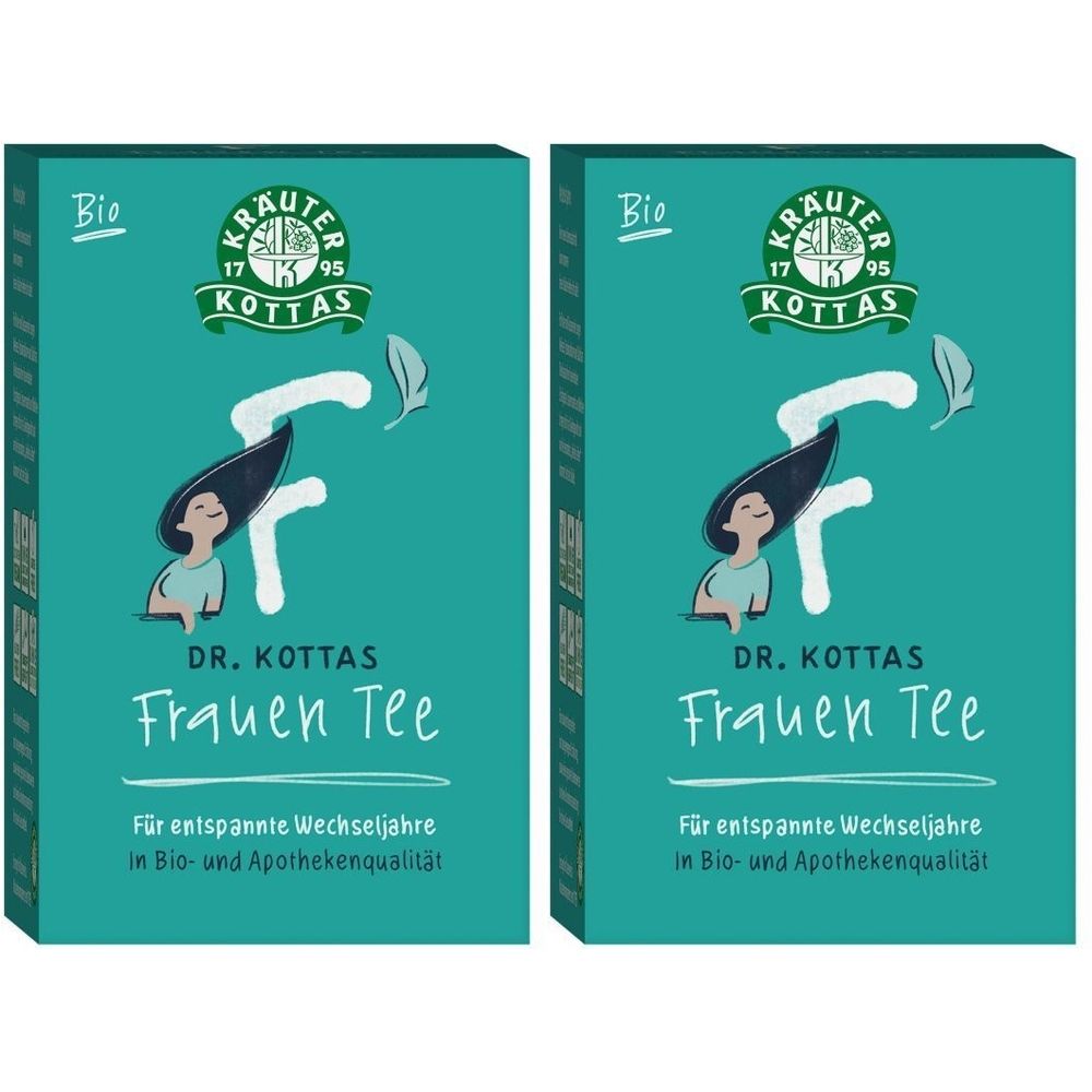 Zwei Packungen Dr. Kottas Frauen Tee. Türkisgrüne Verpackung mit Logo, Schriftzug und Illustration einer Frau.
