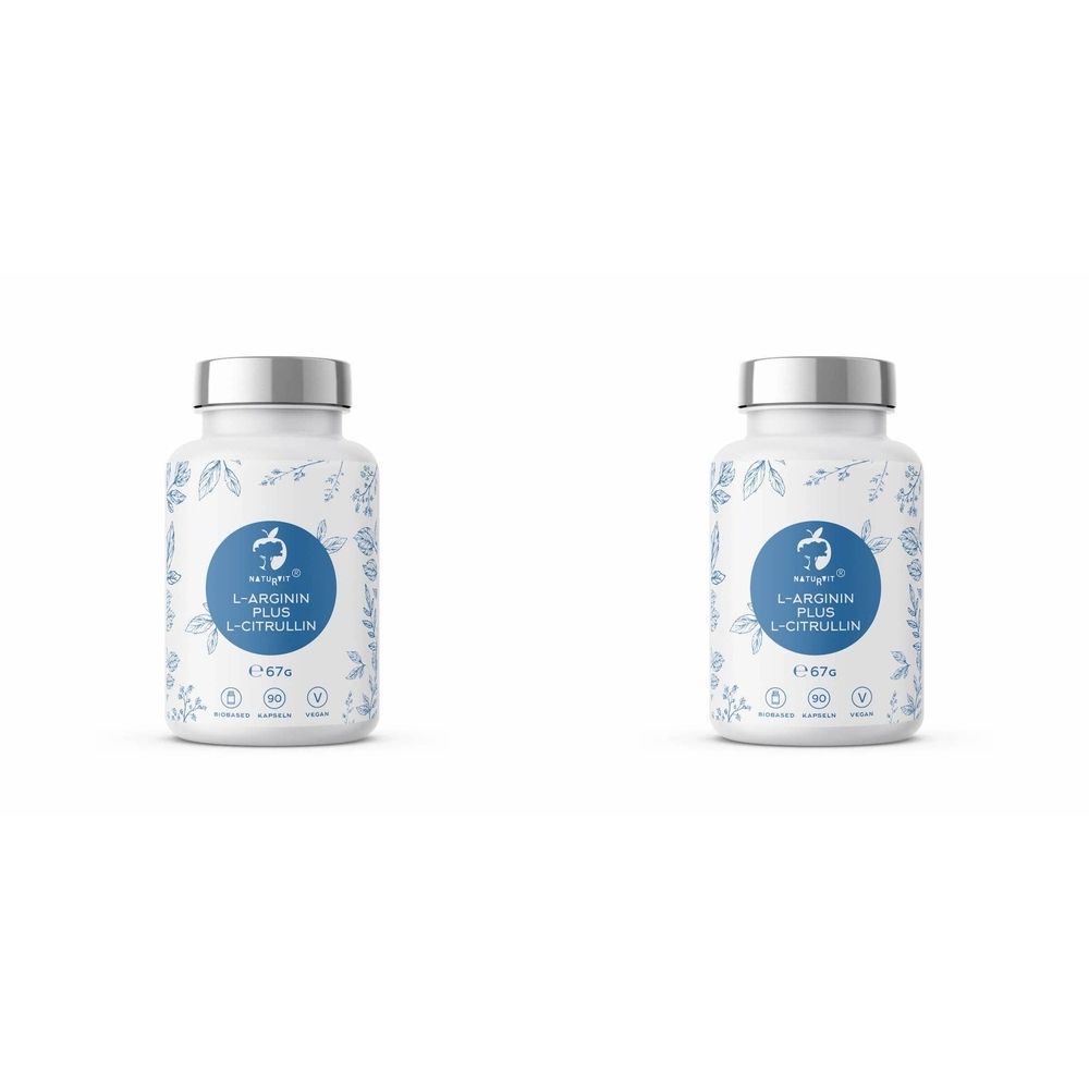 Zwei weiße Flaschen mit silbernen Deckeln. Auf jeder Flasche ein blaues Etikett mit Text: L-ARGININ PLUS L-CITRULLIN.