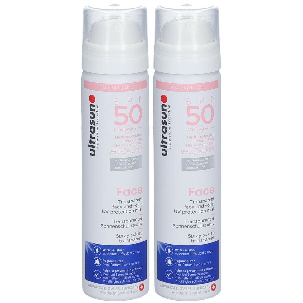 Zwei weiße Sprays mit rosa Akzenten. Aufschrift: ultrasun SPF 50 Face. Transparenter Sonnenschutz. Wasserfest. Ohne Parfüm. Für Allergiker geeignet.