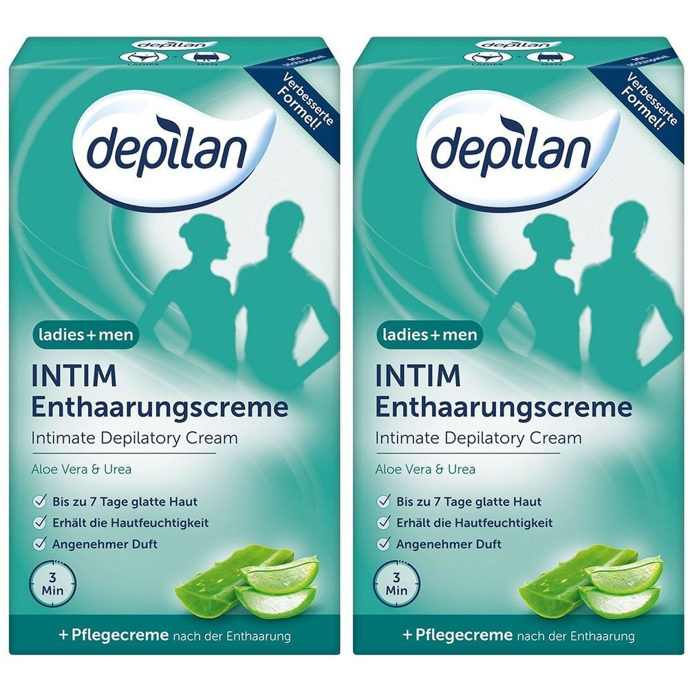 Zwei Packungen Intim-Enthaarungscreme. Aufschrift: depilan, ladies+men, INTIM Enthaarungscreme. Aloe Vera & Urea. Mit Abbildung von Aloe Vera.