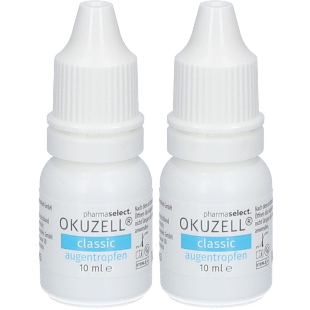 Zwei weiße Flaschen mit Tropfaufsatz. Auf den Etiketten steht "OKUZELL classic Augentropfen".