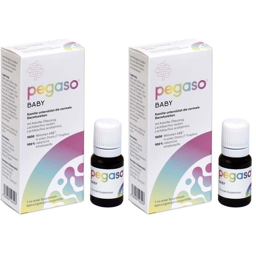 Zwei Flaschen und zwei Kartons. Auf den Flaschen steht "pegaso baby". Auf den Kartons steht "pegaso BABY" und weitere Informationen.