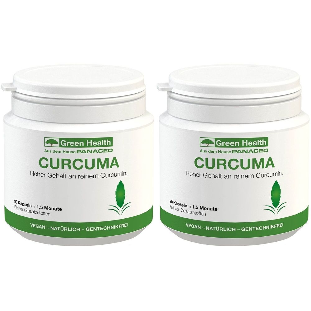Zwei weiße Behälter mit Deckel. Aufschrift: Green Health CURCUMA. Grüner Streifen mit Text. Vegan, natürlich, gentechnikfrei.