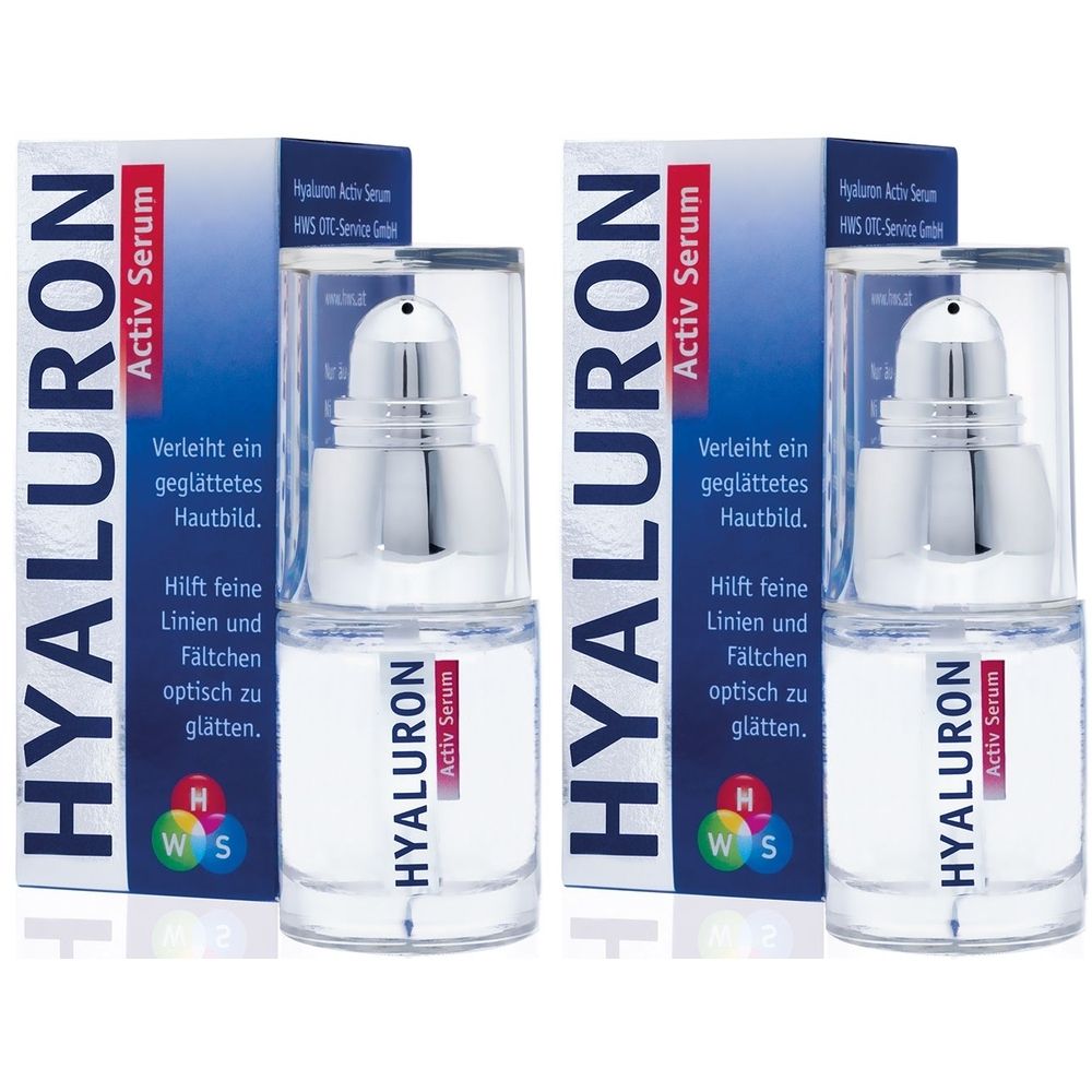 Zwei Flaschen HYALURON Activ Serum mit Verpackung. Die Flaschen haben einen silbernen Pumpkopf und eine transparente Hülle. Auf der Verpackung steht HYALURON.