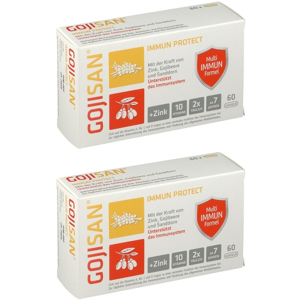 Zwei weiße Kartons mit GOJISAN IMMUN PROTECT-Aufdruck. Enthält Zink, Gojibeere und Sanddorn. Mit Multi Immun Formel. 60 Stück.