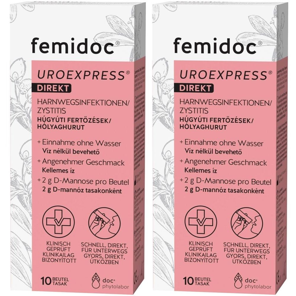 Zwei Packungen femidoc UROEXPRESS DIREKT. Rosa-weißes Design mit Produktnamen und Informationen zu Harnwegsinfektionen.