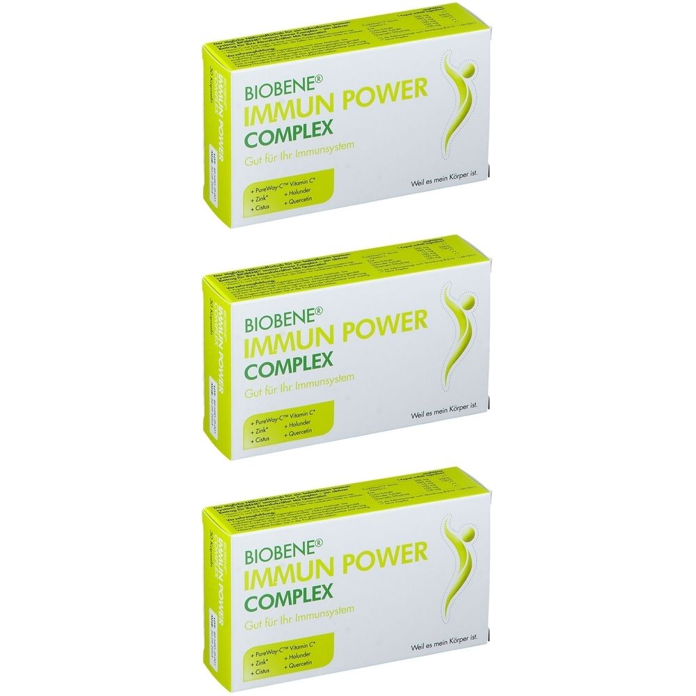 Drei Schachteln BIOBENE® Immun Power Complex. Weiße Verpackung mit grünem Deckel und Schriftzug. Enthält Vitamin C, Zink und Selen.
